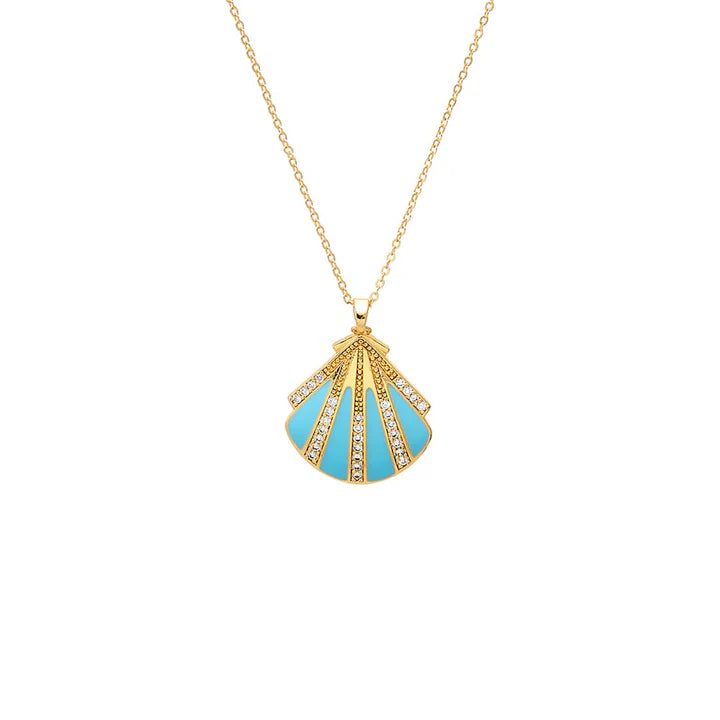 Turquoise Enamel & CZ Seashell Pendant Necklace