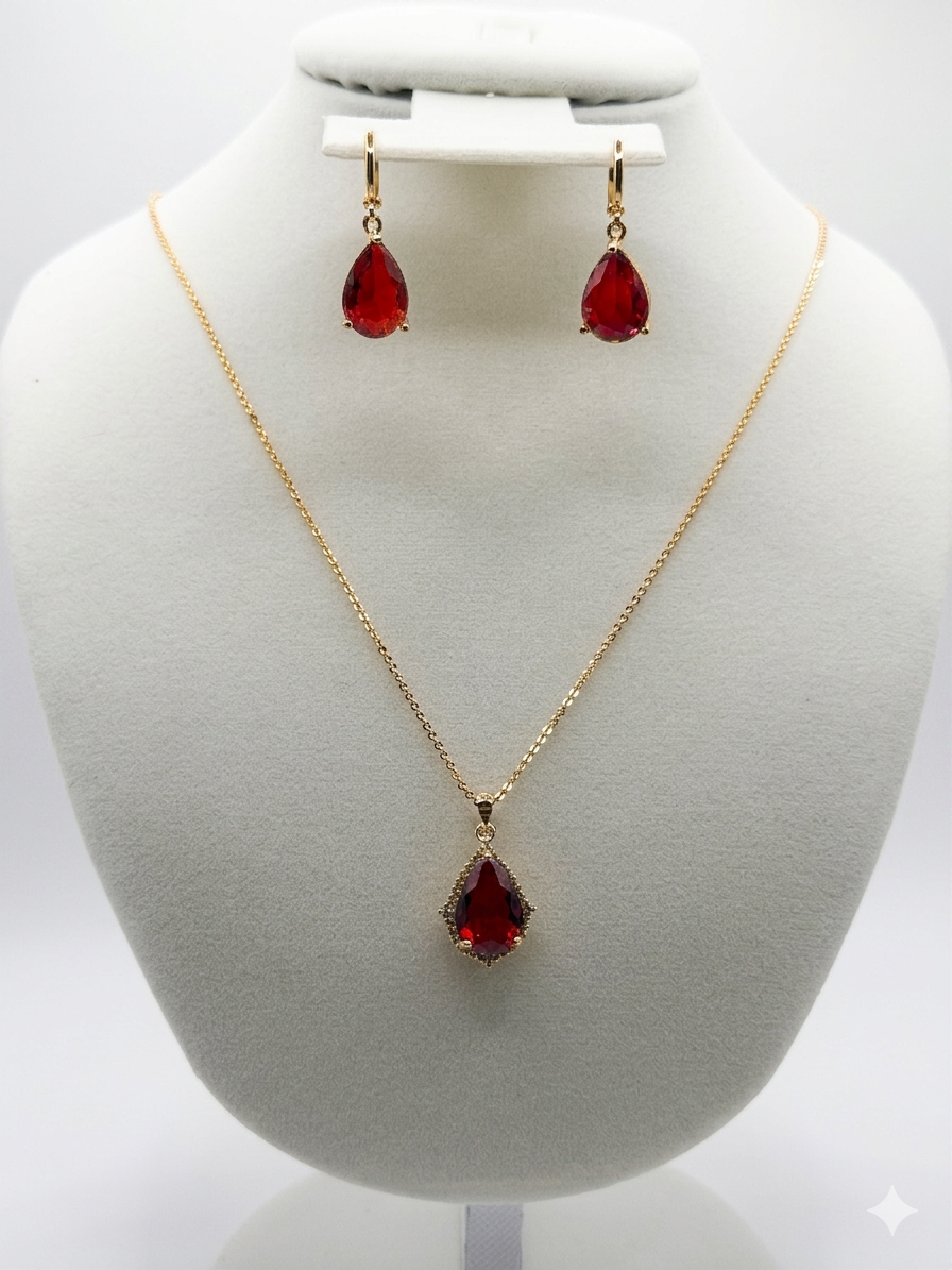 Colored CZ Teardrop Pendant & Earring Set – Gold-Plated Sterling Silver