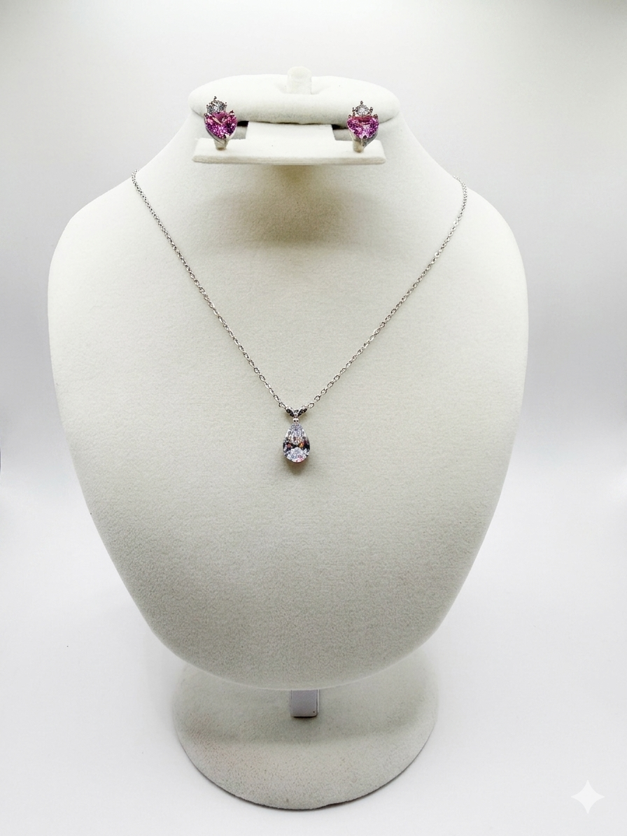 Romantic Pink Heart & Teardrop Crystal Jewelry Set – AAA CZ