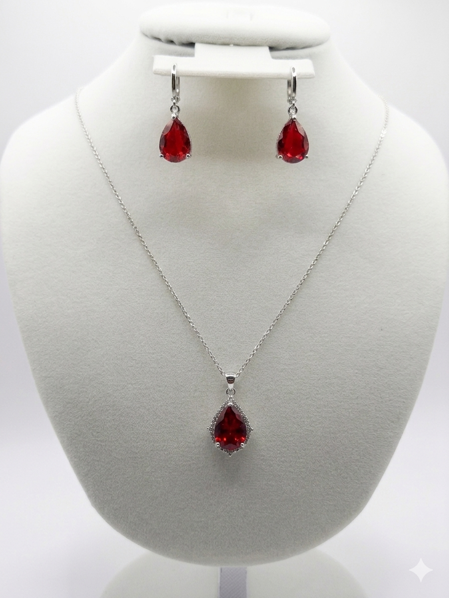 Colored CZ Teardrop Pendant & Earring Set – Gold-Plated Sterling Silver
