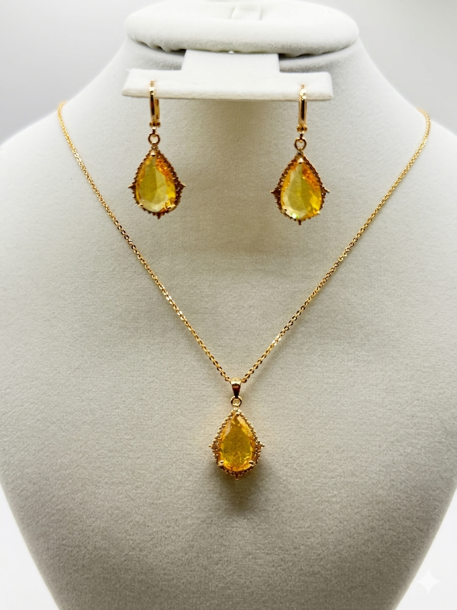 Colored CZ Teardrop Pendant & Earring Set – Gold-Plated Sterling Silver