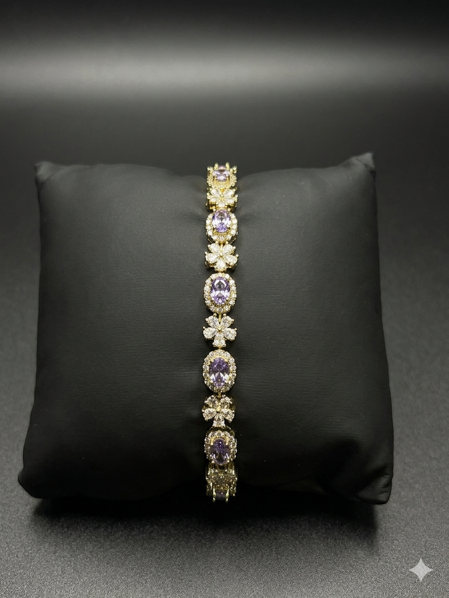 Heirloom Deep Amethyst-Tinted Quartz & Floral Cluster Statement Bracelet