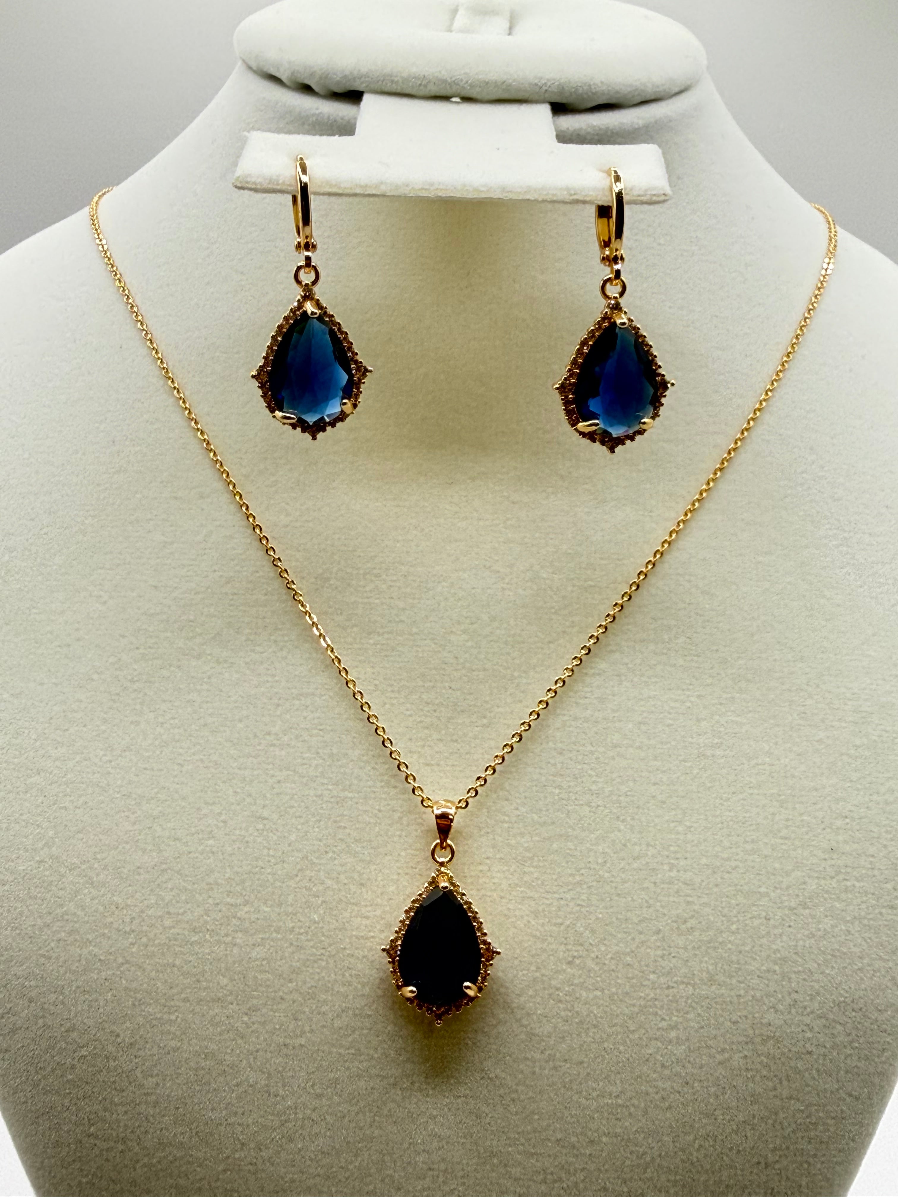 Colored CZ Teardrop Pendant & Earring Set – Gold-Plated Sterling Silver